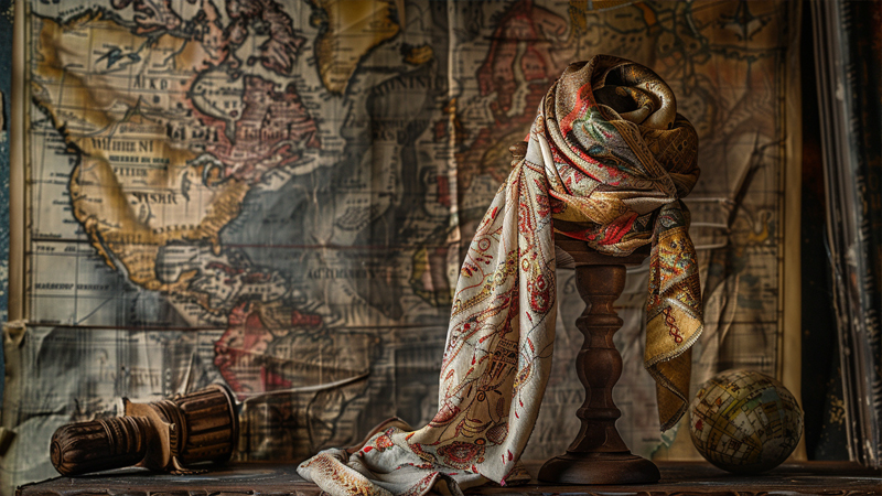 alt="Vintage patterned headscarf displayed with antique maps, illustrating the historical roots of headscarves as accessories"