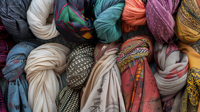 alt="Collection of colorful knotted headscarves from different cultures, illustrating the diverse origins and traditions of headscarves as accessories"