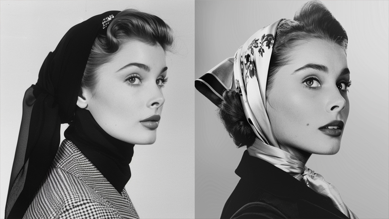 alt="Vintage black-and-white portraits of women wearing elegant headscarves, showing how headscarves have appeared in iconic historical fashion trends"