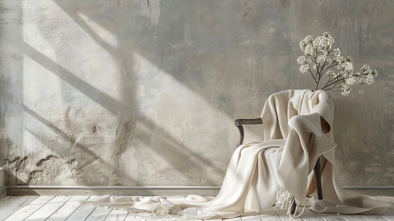 alt="Soft neutral scarf draped over a chair in natural light, illustrating the comfort and elegance often compared between cotton scarves and silk scarves"