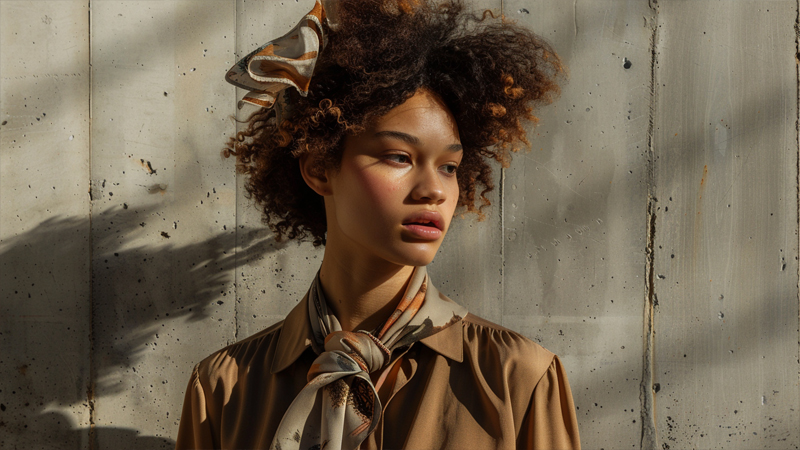 alt="Woman styling a lightweight scarf with an elegant outfit, showing how different fabrics like cotton and silk create distinct fashion statements"