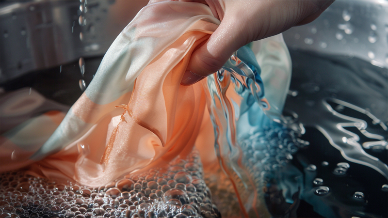 alt="Hand gently washing a silk scarf in water, showing that silk can withstand everyday care and real-life use when properly handled"