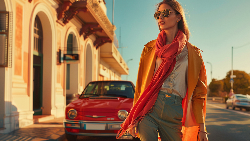 alt="Woman wearing a scarf with a casual urban outfit in warm sunlight, illustrating when to choose cotton or silk scarves for different occasions"