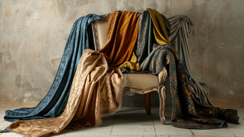 alt="Different types of draped accessories including a stole, shawl, and scarf displayed on a chair, illustrating the size, style, and usage differences between each"
