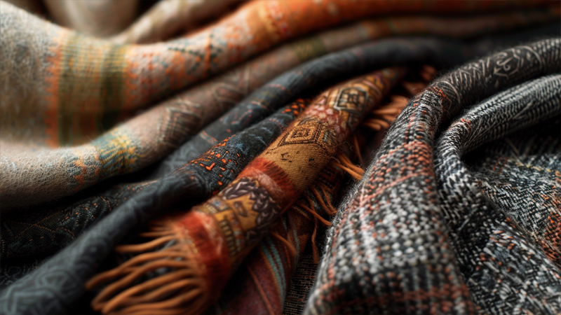alt="Close-up of different fabric accessories with varied textures and patterns, illustrating what defines a stole, a shawl, and a scarf in terms of size and material"