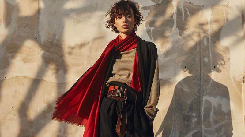alt="Woman styling a long red scarf with a modern outfit, showing different ways to style a stole, shawl, or scarf for varied looks"