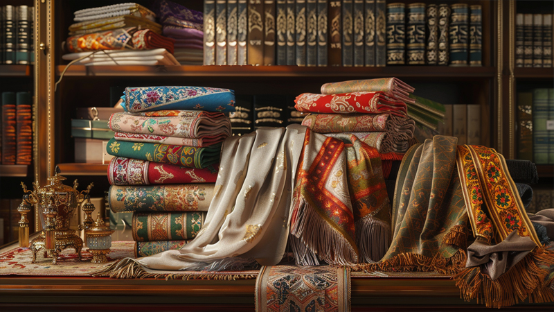 alt="Collection of richly patterned stoles, shawls, and scarves displayed with books and traditional objects, illustrating the cultural stories and heritage behind these wraps"