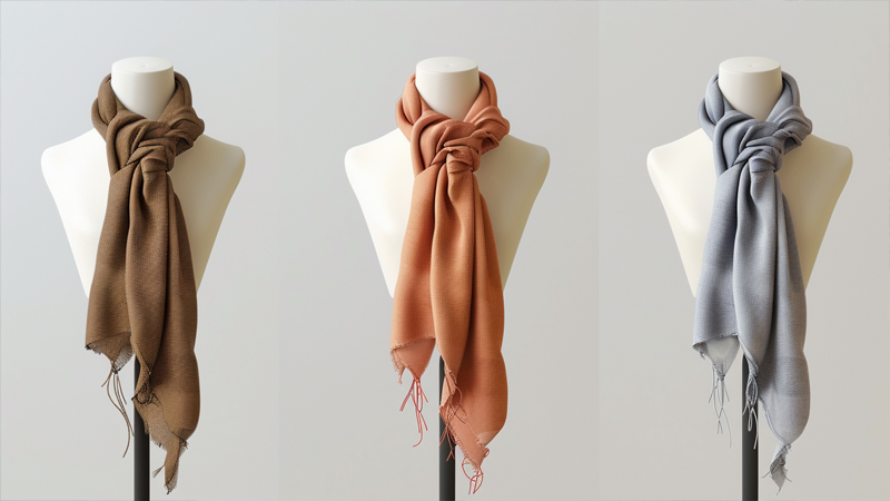 alt="Three neutral-colored scarves neatly styled on mannequins, showing professional and polished ways to wear scarves for business meetings"