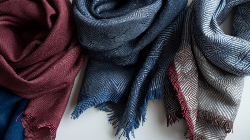 alt="Neutral and muted scarves in solid colors and subtle patterns, illustrating which scarf colors and designs work best for professional meetings"
