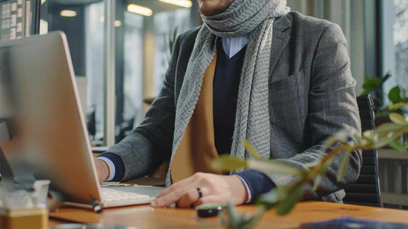alt="Professional wearing a scarf while working at a desk in an office, illustrating workplace etiquette considerations when wearing scarves in professional meetings"