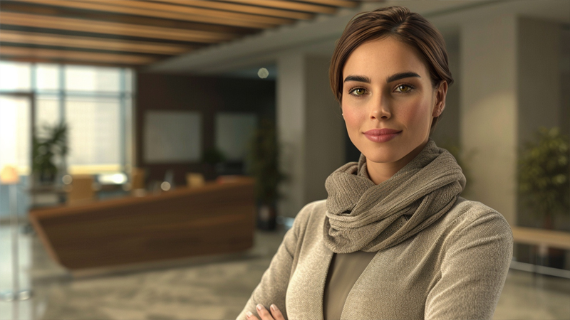 alt="Woman wearing a neutral scarf in a professional office setting, illustrating that scarves can be worn confidently and appropriately to job interviews"