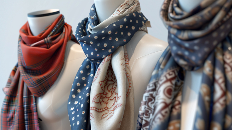 alt="Scarves neatly styled on mannequins in professional patterns and colors, showing how a well-chosen scarf can elevate confidence and make a strong impression in interviews"