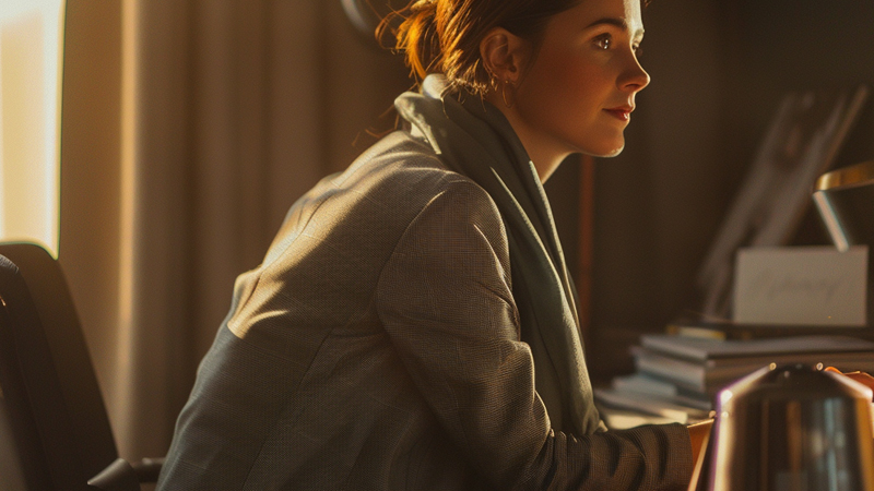 alt="Woman wearing a simple neutral scarf in a calm interview setting, illustrating how a well-chosen scarf can boost confidence and composure during interviews"