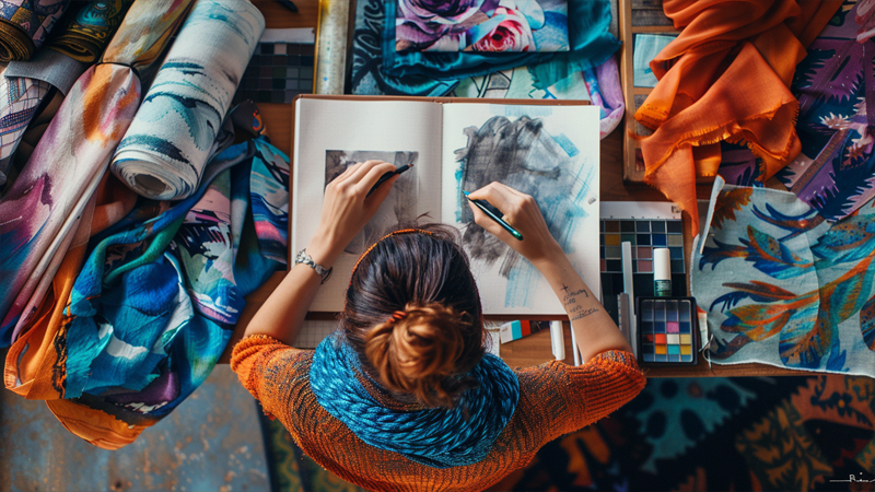 alt="Designer sketching scarf concepts surrounded by colorful fabric samples, illustrating how to identify a niche and define a clear direction in the scarf market"