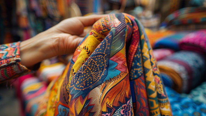 alt="Hand examining a colorful patterned scarf in a fabric store, illustrating how to source quality materials and reliable suppliers when starting a scarf business"