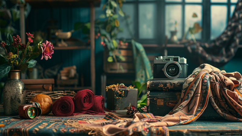alt="Styled scarves arranged with vintage props and a camera, illustrating effective branding and marketing strategies for building a distinctive scarf business"