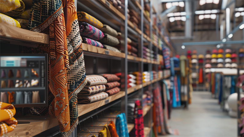 alt="Scarf inventory organized on shelves in a warehouse and showroom, illustrating how to manage operations and scale a scarf business efficiently"