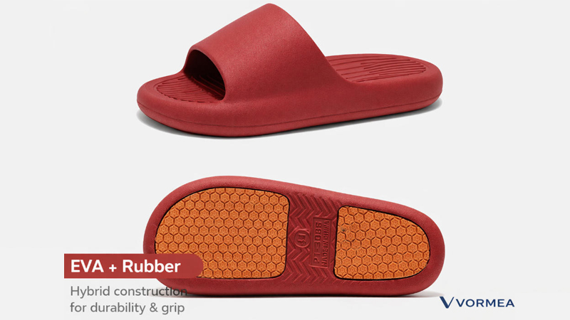 EVA and rubber combination slipper sole structure showing cushioned EVA midsole with anti-slip rubber outsole for durability and comfort balance in OEM manufacturing.