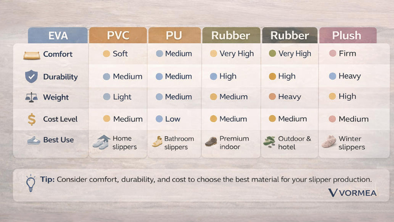 Slipper materials overview comparison chart showing EVA, PVC, PU, rubber and plush sole differences in comfort, durability, weight and cost for wholesale manufacturing.