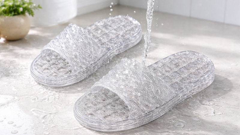alt="Rows of PVC bathroom slippers in factory display showing why PVC is popular for waterproof and low-cost slipper projects"