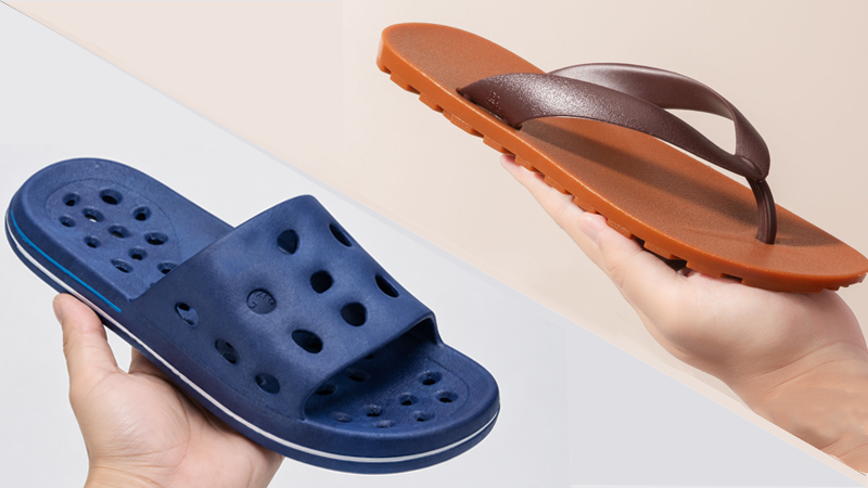 PVC and rubber bathroom slippers compared by hand showing different material structures for anti-slip and wet area use