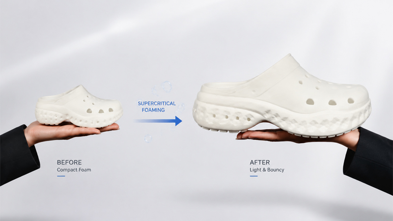 alt="Supercritical EVA slippers showing advanced EVA foam technology for premium footwear applications"