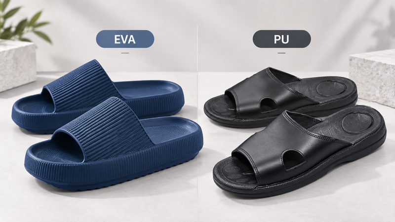 PU and EVA slippers comparison showing different material structures for wholesale and OEM buyers