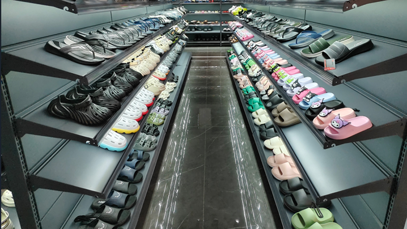 Bathroom slipper sample showroom with multiple PVC and rubber styles for wholesale and OEM product selection