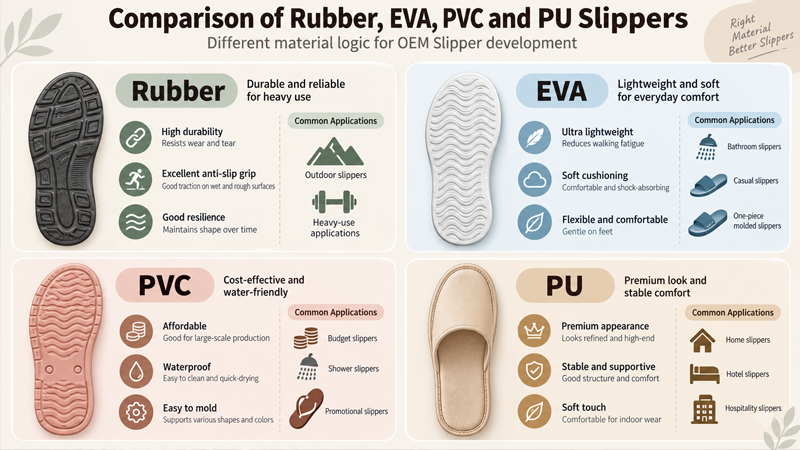 alt="Comparison of rubber EVA PVC and PU slippers showing different material logic for OEM slipper development"