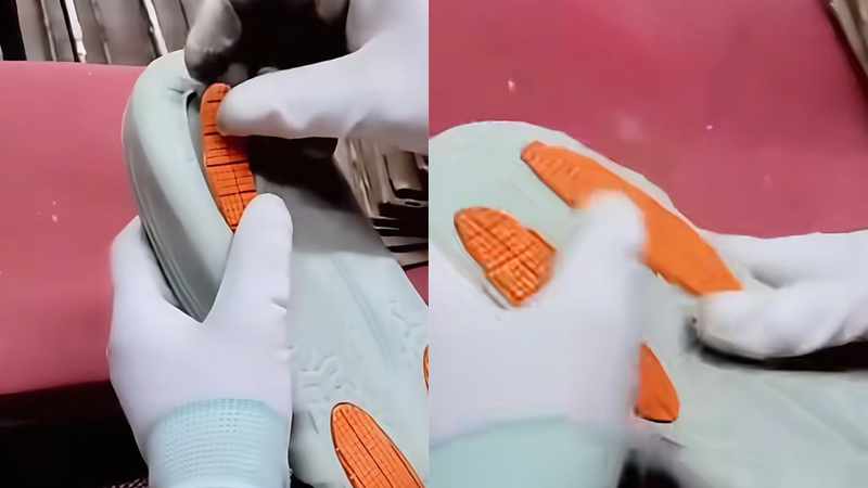 EVA and rubber sole bonding process showing adhesive treatment and quality control during slipper production