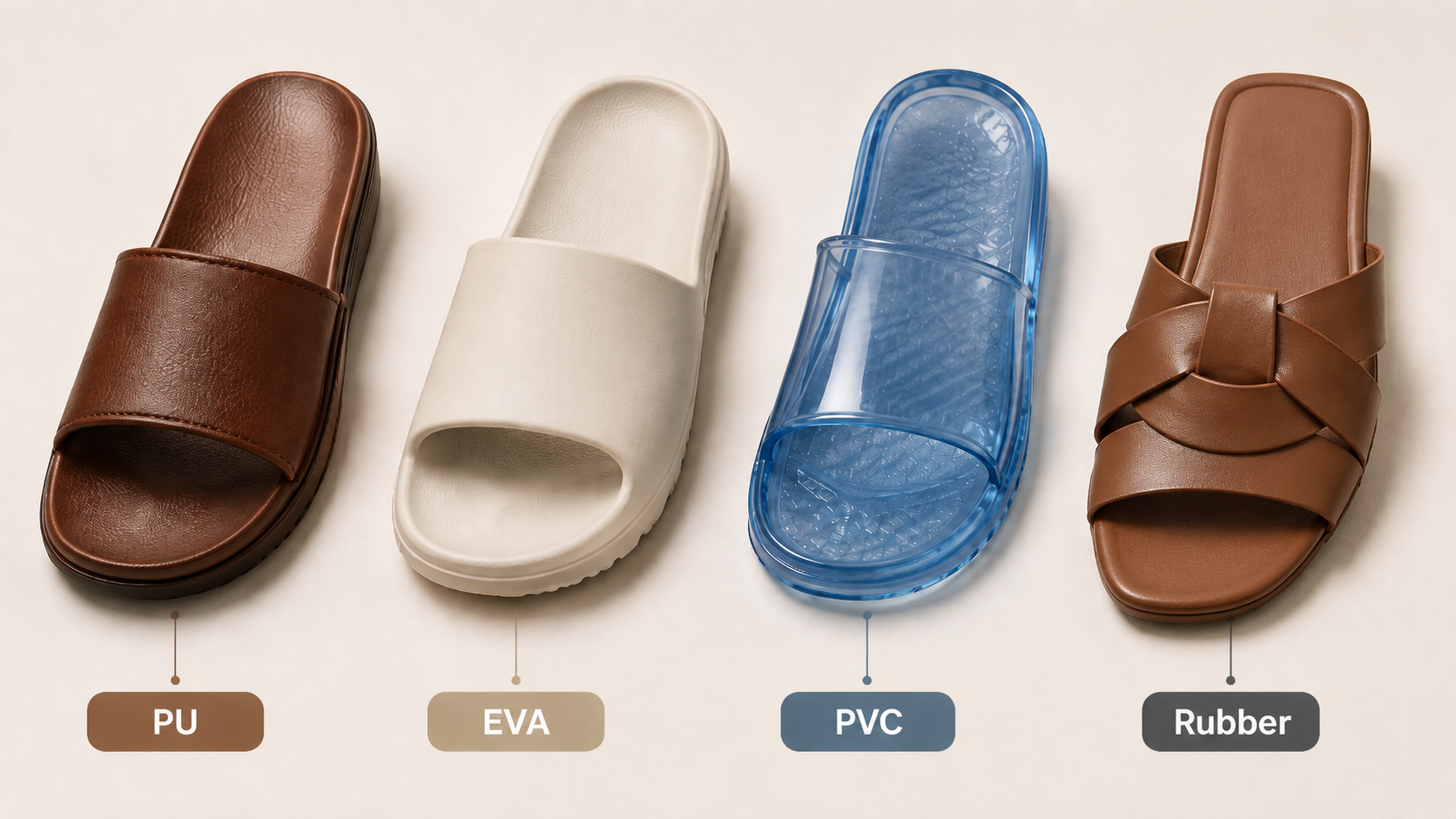 alt="Comparison of PU EVA PVC and rubber slippers showing different material choices in OEM slipper manufacturing"