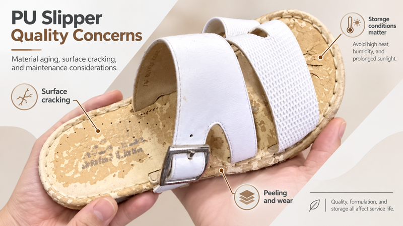 PU slipper quality concerns showing material aging, cracking, and maintenance considerations