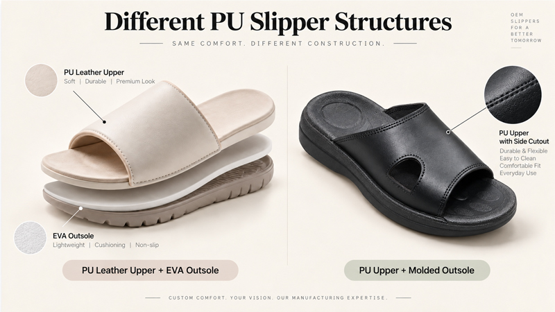 Different PU slipper structures showing PU leather upper with EVA outsole and full PU one-piece slipper designs