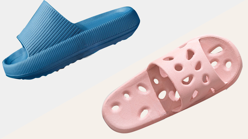 alt="EVA and PVC slipper designs showing differences in flexibility structure and material characteristics"