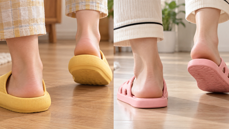 alt="EVA and PVC slippers worn indoors showing differences in cushioning flexibility and underfoot feel"