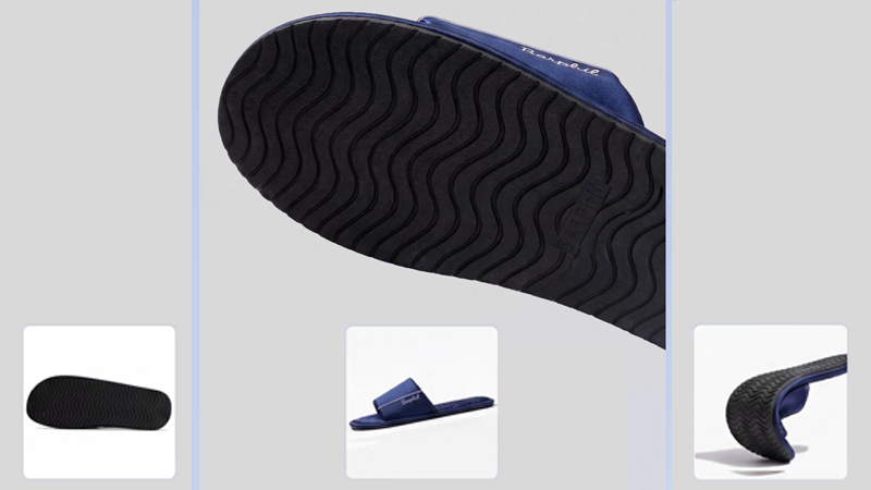 Flexible rubber slipper outsole with deep tread pattern showing grip durability and anti-slip performance