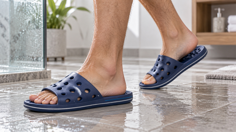Full PVC injection molded bathroom slippers showing waterproof one-piece structure and common applications