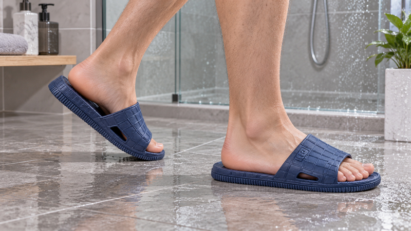 alt="PVC slippers worn on a wet bathroom floor showing waterproof and anti-slip performance"