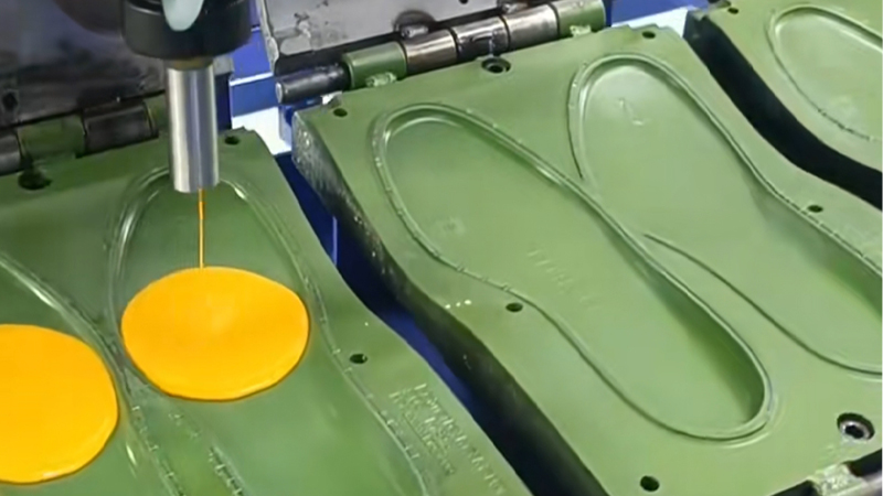 alt="PU slipper manufacturing process showing upper preparation and direct injection sole production"