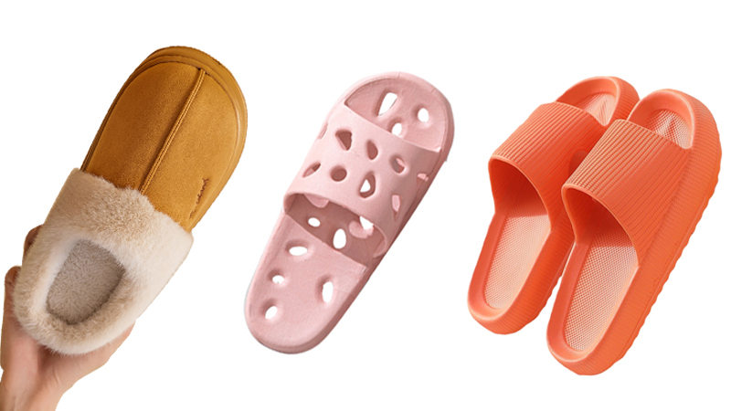 alt="Comparison of fabric plush EVA and pvc slipper materials showing different indoor comfort and performance logic"