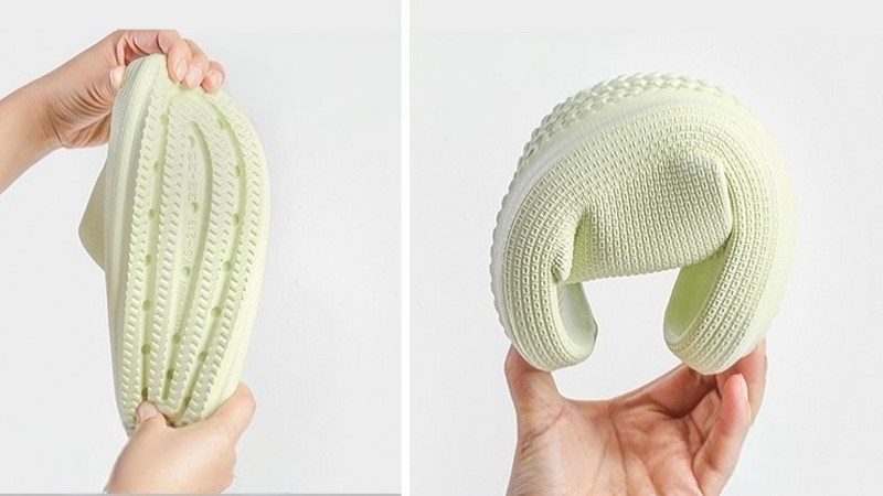 alt="Flexible EVA slipper bent by hand showing lightweight softness and cushioning for comfortable everyday wear"