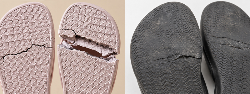 Cracked PVC and worn rubber slipper soles showing different aging and durability issues after extended use